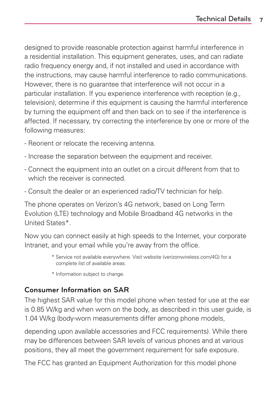 Technical details, Consumer information on sar | LG VS930 User Manual | Page 9 / 198