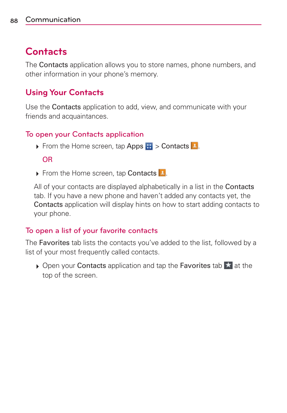 Communication, Contacts, 6tjoh:pvs$poubdut | LG VS930 User Manual | Page 90 / 198