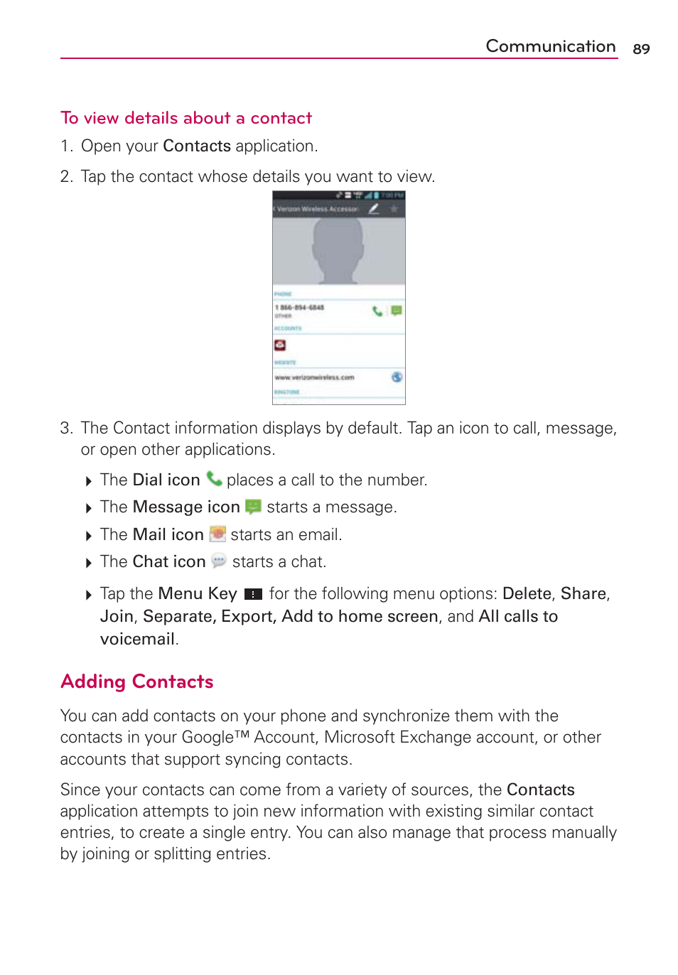 Adding contacts | LG VS930 User Manual | Page 91 / 198