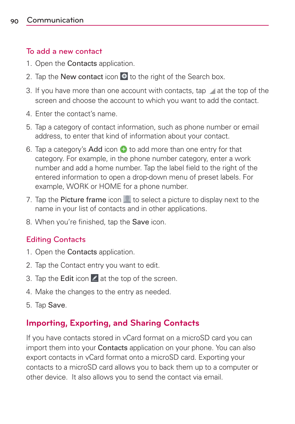 Importing, exporting, and sharing contacts | LG VS930 User Manual | Page 92 / 198