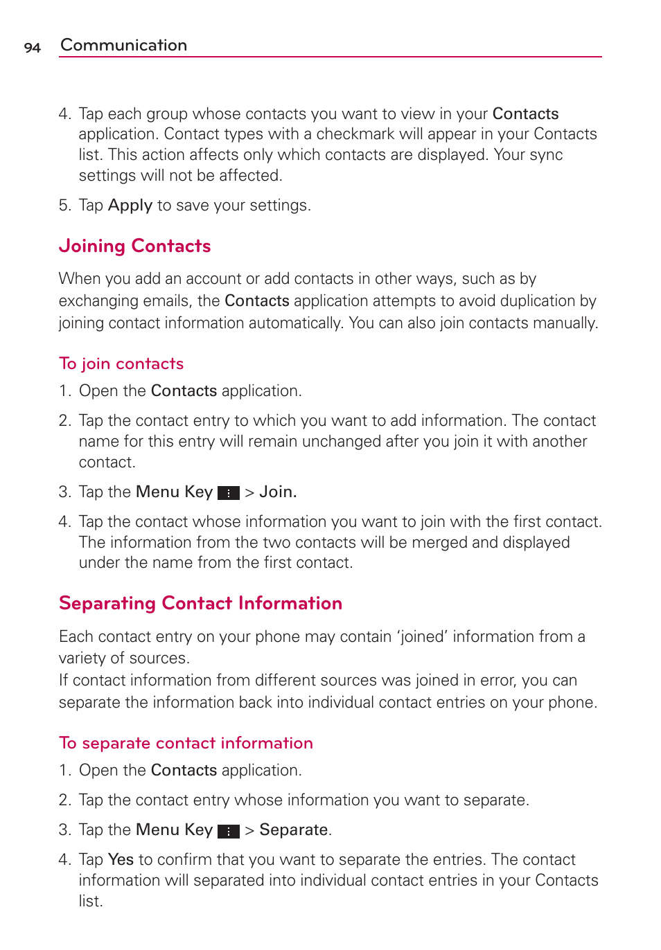 Joining contacts, Separating contact information | LG VS930 User Manual | Page 96 / 198