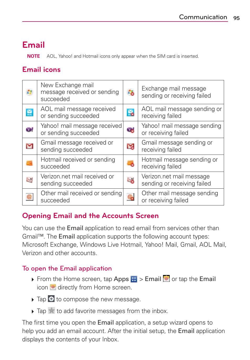 Email, Email icons, Opening email and the accounts screen | LG VS930 User Manual | Page 97 / 198