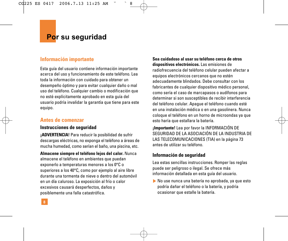 Por su seguridad | LG CG225 User Manual | Page 104 / 192