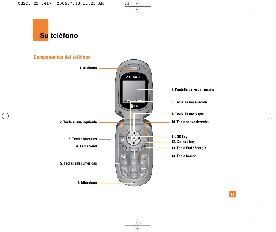 Su teléfono, Componentes del teléfono | LG CG225 User Manual | Page 109 / 192