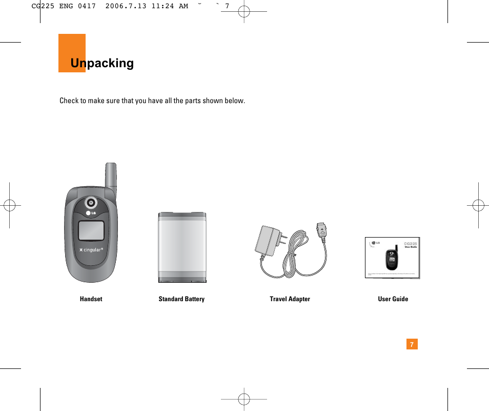 Unpacking | LG CG225 User Manual | Page 11 / 192