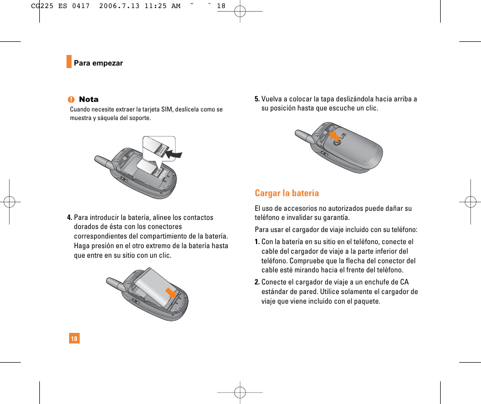 Cargar la batería | LG CG225 User Manual | Page 114 / 192