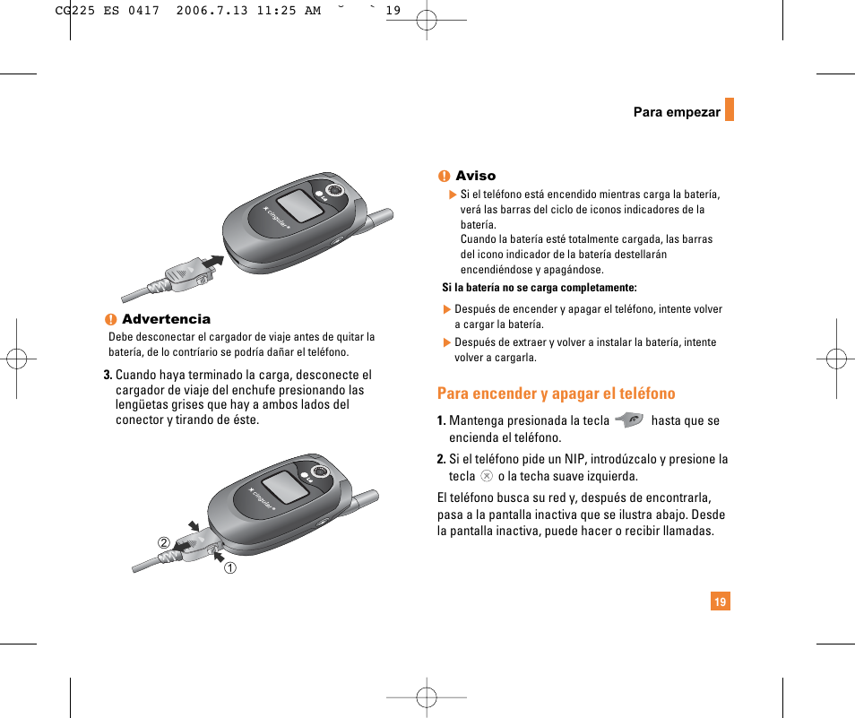 Para encender y apagar el teléfono | LG CG225 User Manual | Page 115 / 192