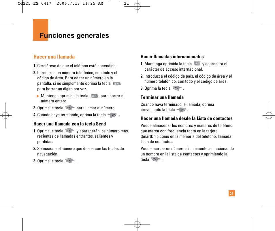 Funciones generales, Hacer una llamada | LG CG225 User Manual | Page 117 / 192