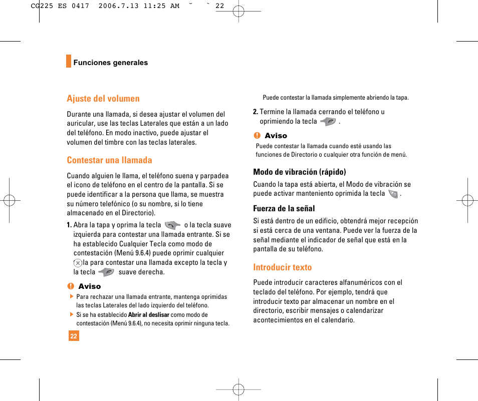Ajuste del volumen, Contestar una llamada, Introducir texto | LG CG225 User Manual | Page 118 / 192