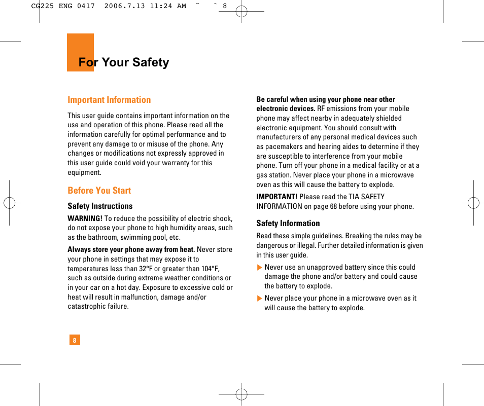 For your safety | LG CG225 User Manual | Page 12 / 192