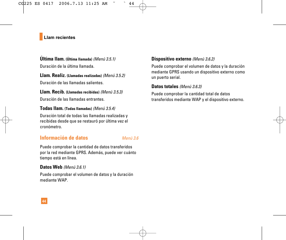 Información de datos | LG CG225 User Manual | Page 140 / 192