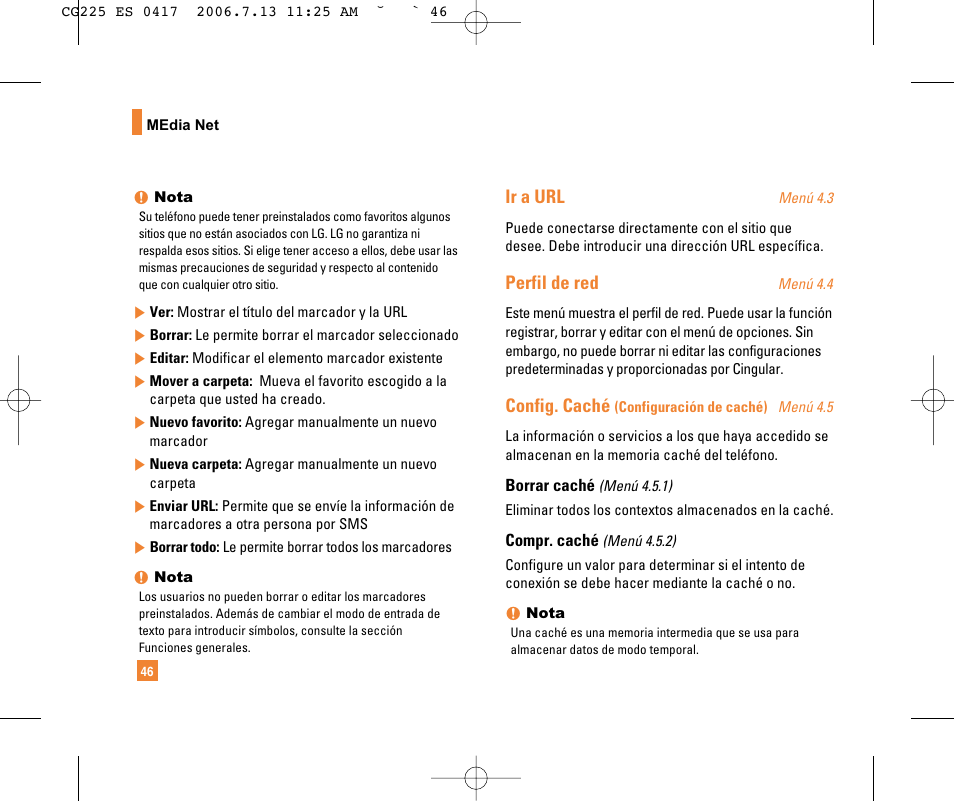 Ir a url, Perfil de red, Config. caché | LG CG225 User Manual | Page 142 / 192