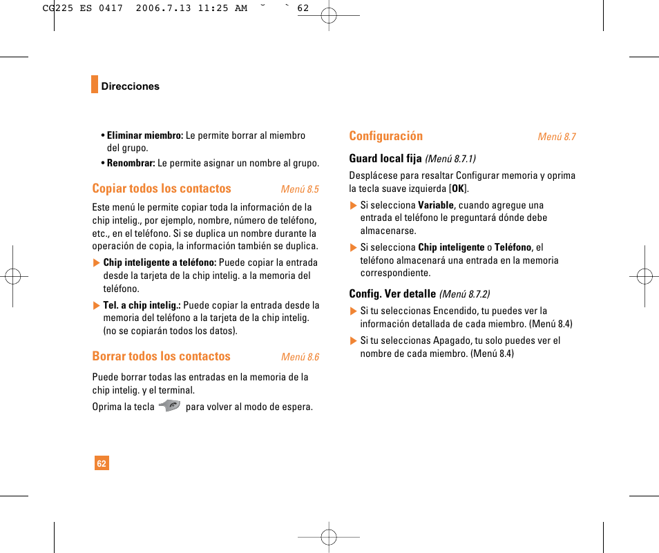 Copiar todos los contactos, Borrar todos los contactos, Configuración | LG CG225 User Manual | Page 158 / 192