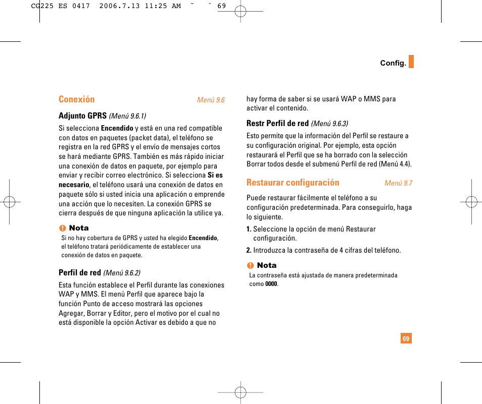 Conexión, Restaurar configuración | LG CG225 User Manual | Page 165 / 192