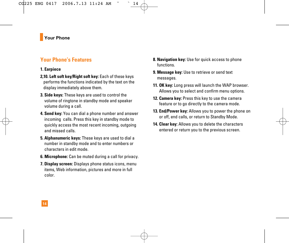 Your phone’s features | LG CG225 User Manual | Page 18 / 192