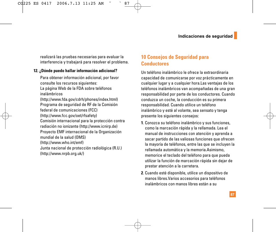 10 consejos de seguridad para conductores | LG CG225 User Manual | Page 183 / 192