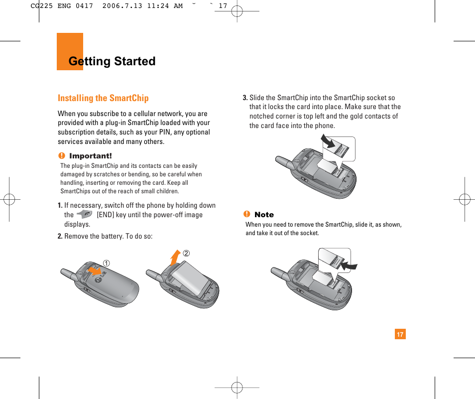 Getting started, Installing the smartchip | LG CG225 User Manual | Page 21 / 192