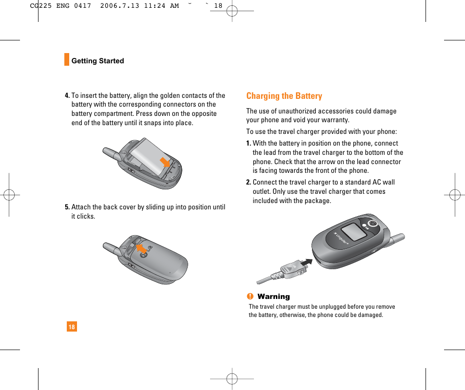 Charging the battery | LG CG225 User Manual | Page 22 / 192