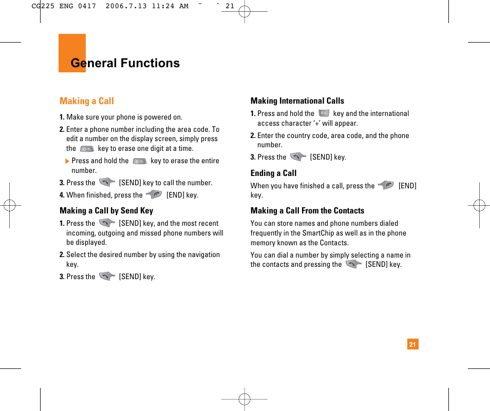 General functions, Making a call | LG CG225 User Manual | Page 25 / 192