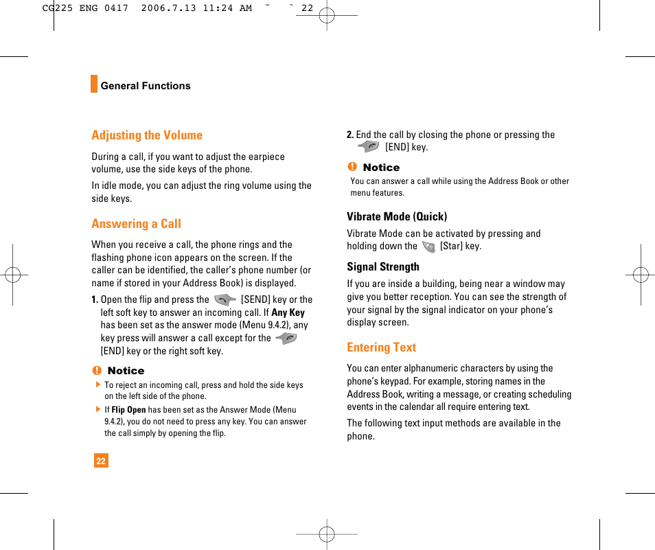 Adjusting the volume, Answering a call, Entering text | LG CG225 User Manual | Page 26 / 192