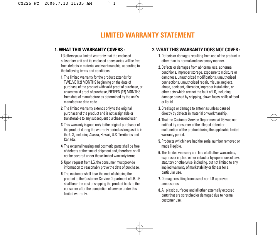 Limited warranty statement | LG CG225 User Manual | Page 3 / 192
