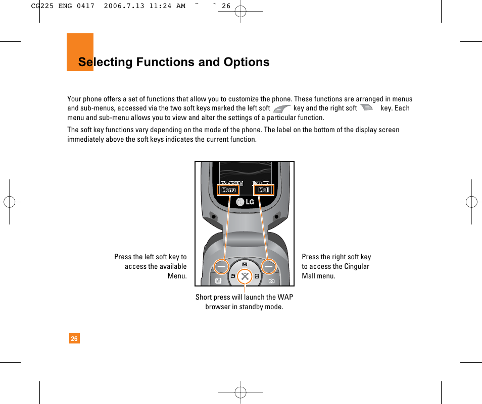 Selecting functions and options | LG CG225 User Manual | Page 30 / 192