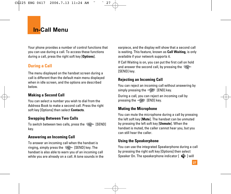 In-call menu | LG CG225 User Manual | Page 31 / 192