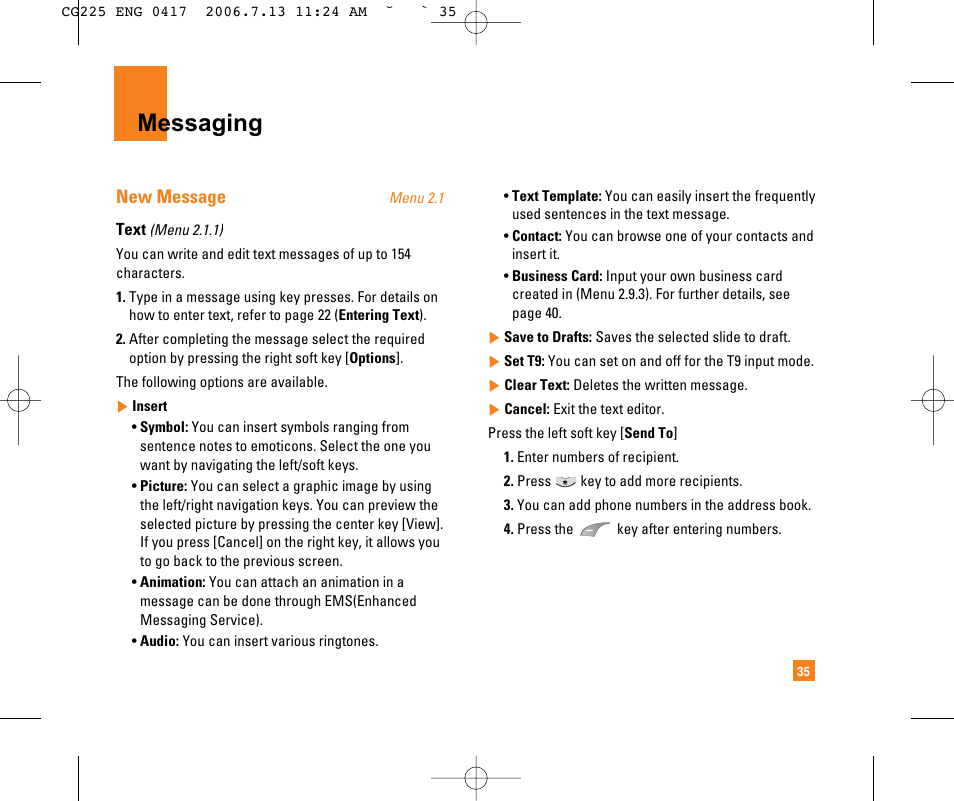 Messaging, New message | LG CG225 User Manual | Page 39 / 192
