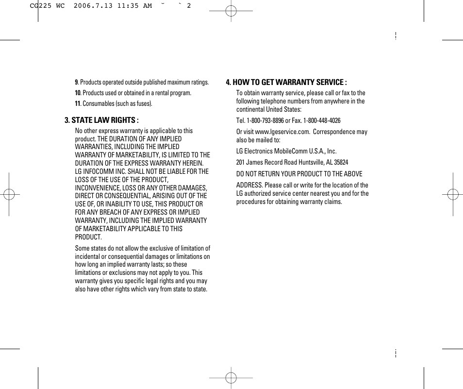 LG CG225 User Manual | Page 4 / 192