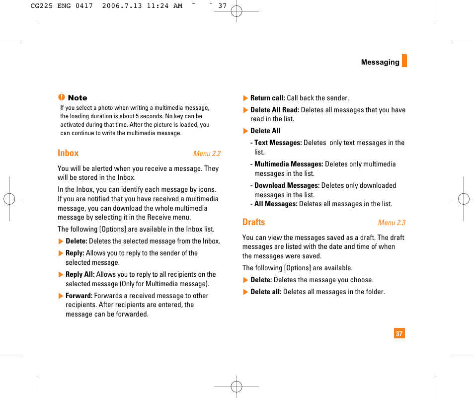 Inbox, Drafts | LG CG225 User Manual | Page 41 / 192