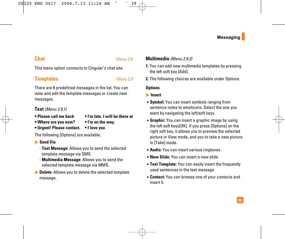 Chat, Templates | LG CG225 User Manual | Page 43 / 192