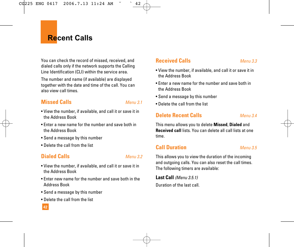 Recent calls | LG CG225 User Manual | Page 46 / 192