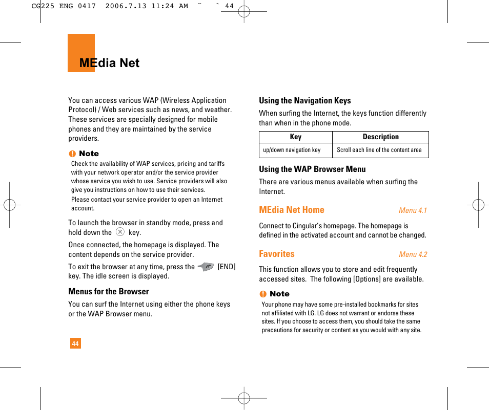 Media net, Media net home, Favorites | LG CG225 User Manual | Page 48 / 192