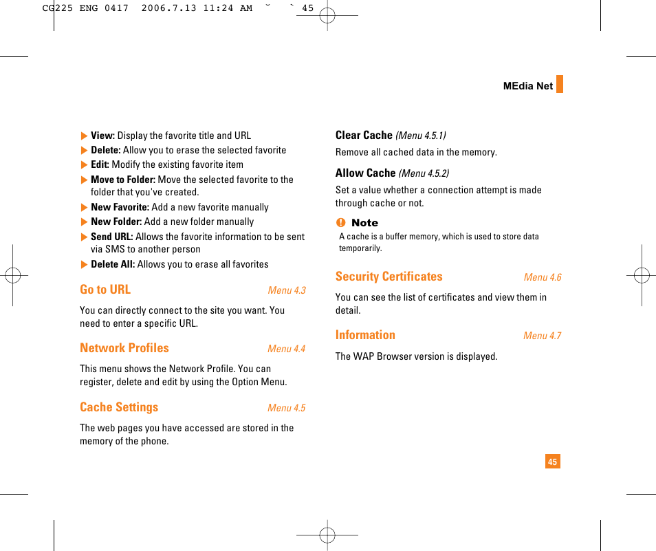 Go to url, Network profiles, Cache settings | Security certificates, Information | LG CG225 User Manual | Page 49 / 192