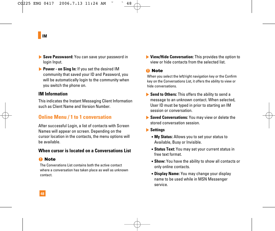 Online menu / 1 to 1 conversation | LG CG225 User Manual | Page 52 / 192