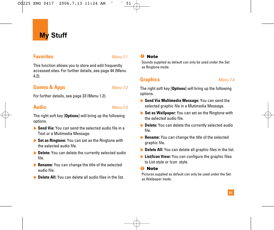 My stuff, Favorites, Games & apps | Audio, Graphics | LG CG225 User Manual | Page 55 / 192