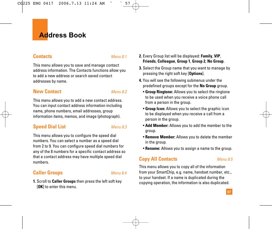 Address book | LG CG225 User Manual | Page 61 / 192