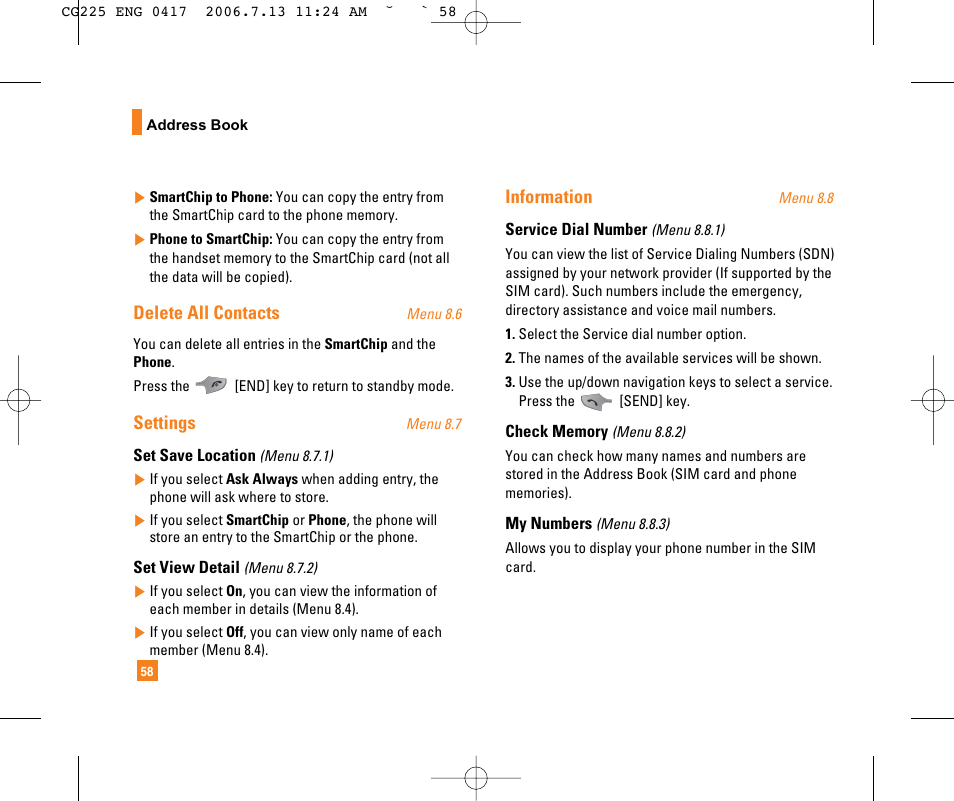 Delete all contacts, Settings, Information | LG CG225 User Manual | Page 62 / 192