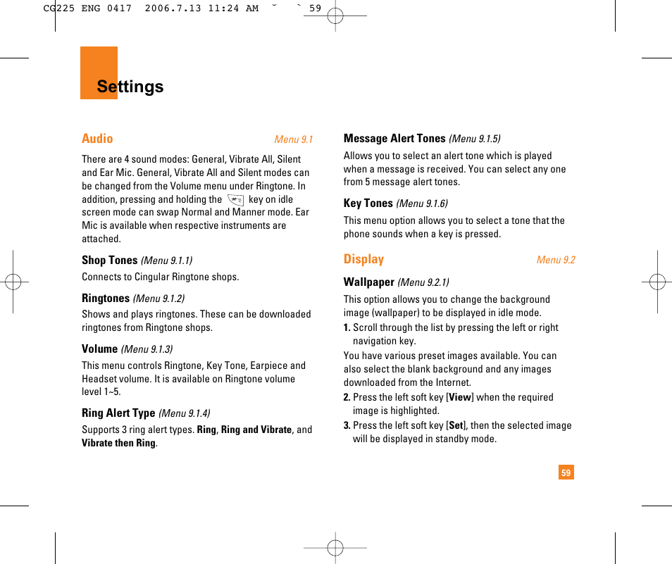 Settings | LG CG225 User Manual | Page 63 / 192
