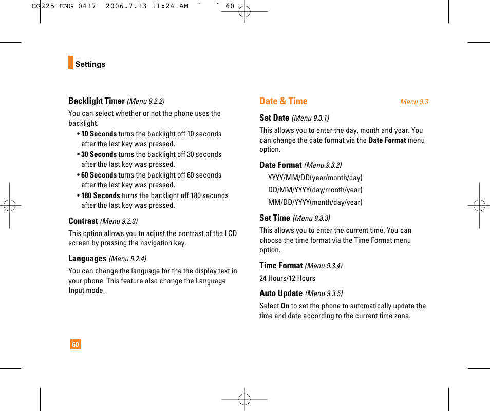 Date & time | LG CG225 User Manual | Page 64 / 192