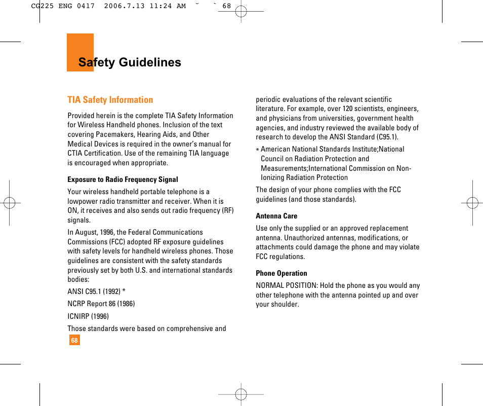 Safety guidelines | LG CG225 User Manual | Page 72 / 192