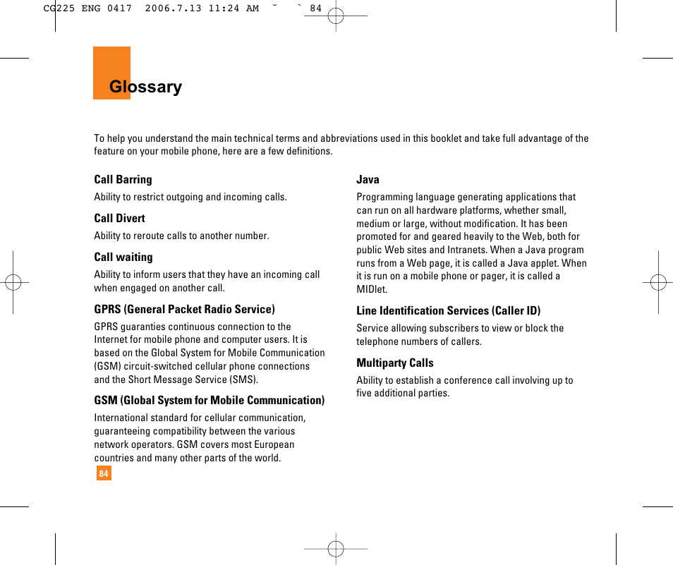 Glossary | LG CG225 User Manual | Page 88 / 192