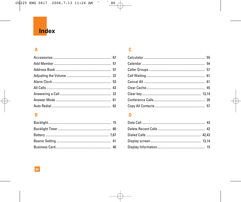 Index | LG CG225 User Manual | Page 90 / 192