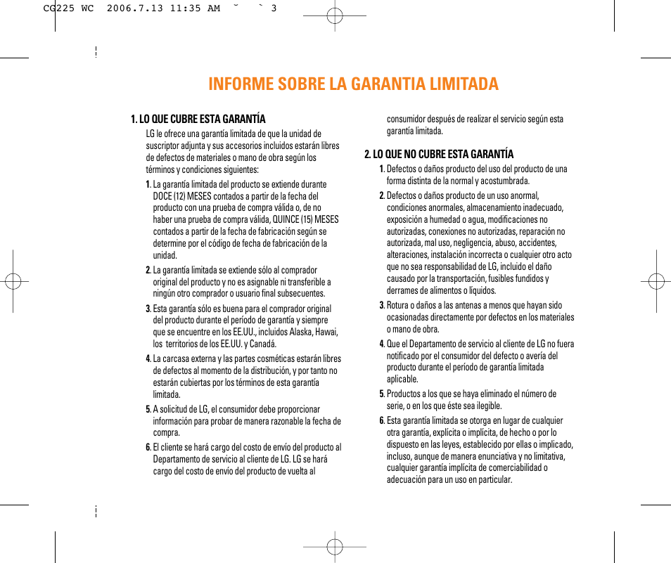 Informe sobre la garantia limitada | LG CG225 User Manual | Page 95 / 192