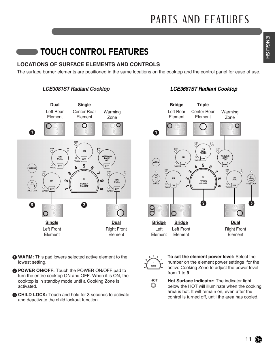 Touch control features | LG LCE3681ST User Manual | Page 11 / 100
