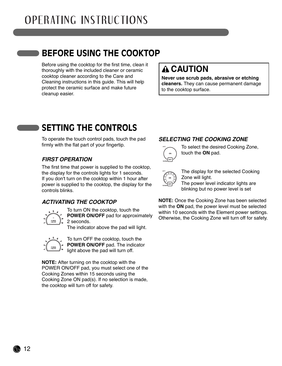 Before using the cooktop, Setting the controls caution | LG LCE3681ST User Manual | Page 12 / 100