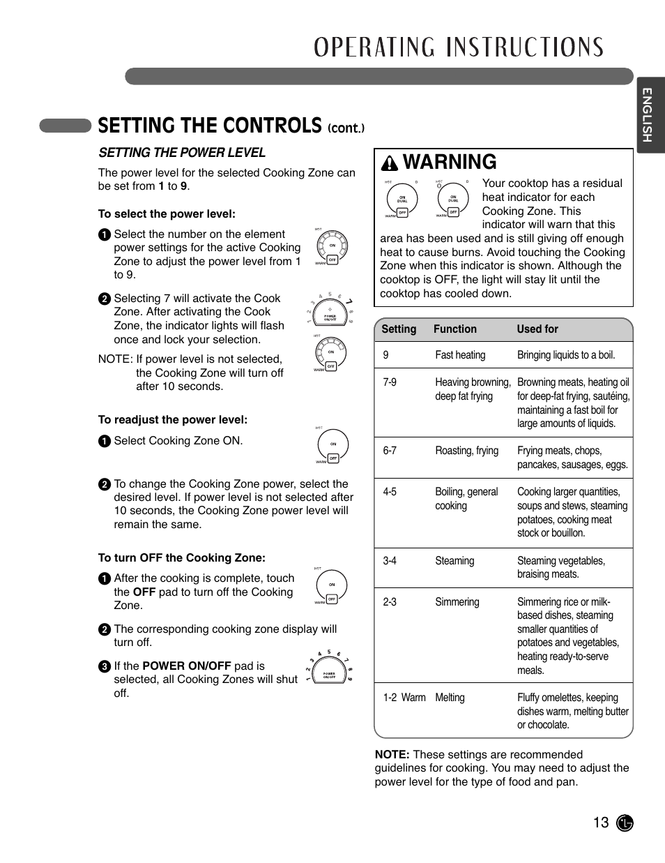 Setting the controls, Warning | LG LCE3681ST User Manual | Page 13 / 100
