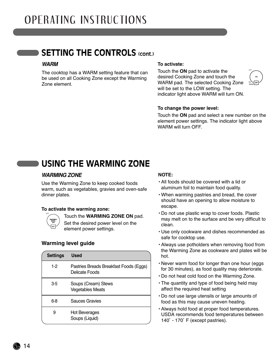 Setting the controls, Using the warming zone | LG LCE3681ST User Manual | Page 14 / 100