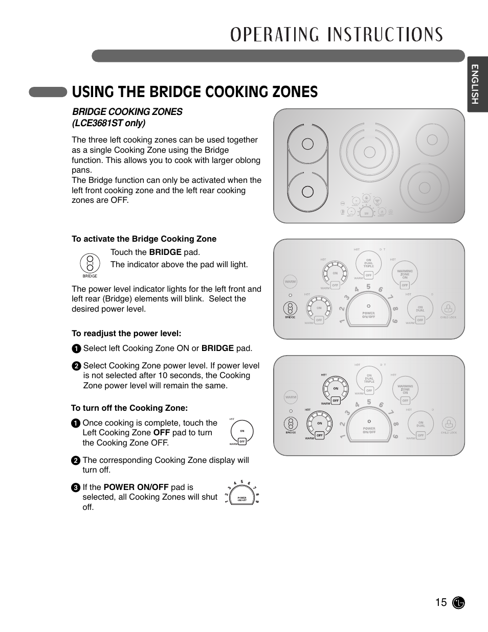 Using the bridge cooking zones | LG LCE3681ST User Manual | Page 15 / 100