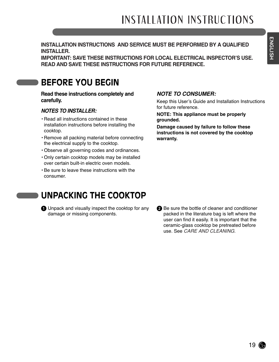 Before you begin, Unpacking the cooktop | LG LCE3681ST User Manual | Page 19 / 100
